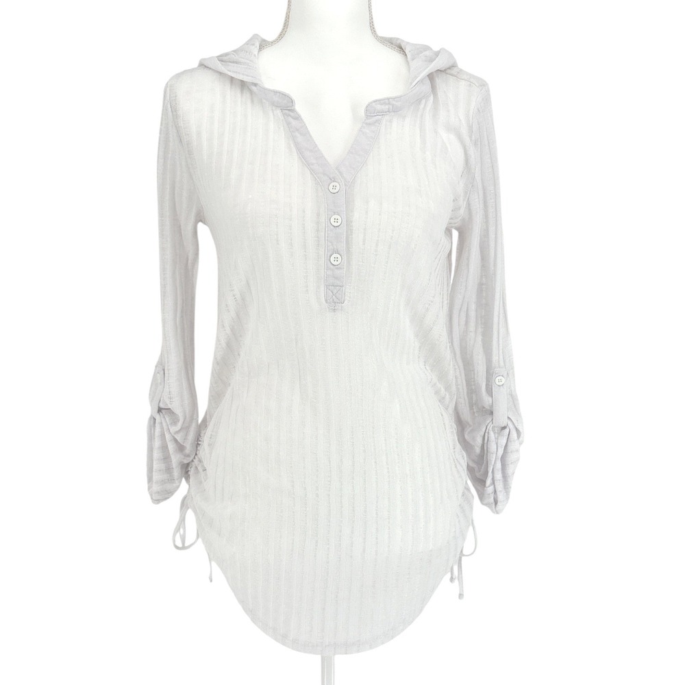 Billabong White Hooded Henley Top Ribbed Sheer Knit Side Cinch Roll Tab Sleeve S
